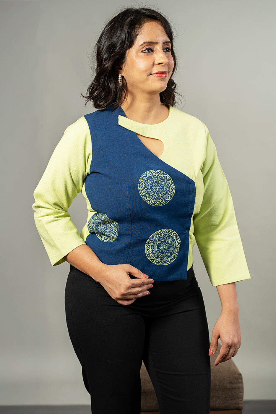 Asymmetric colour blocking top