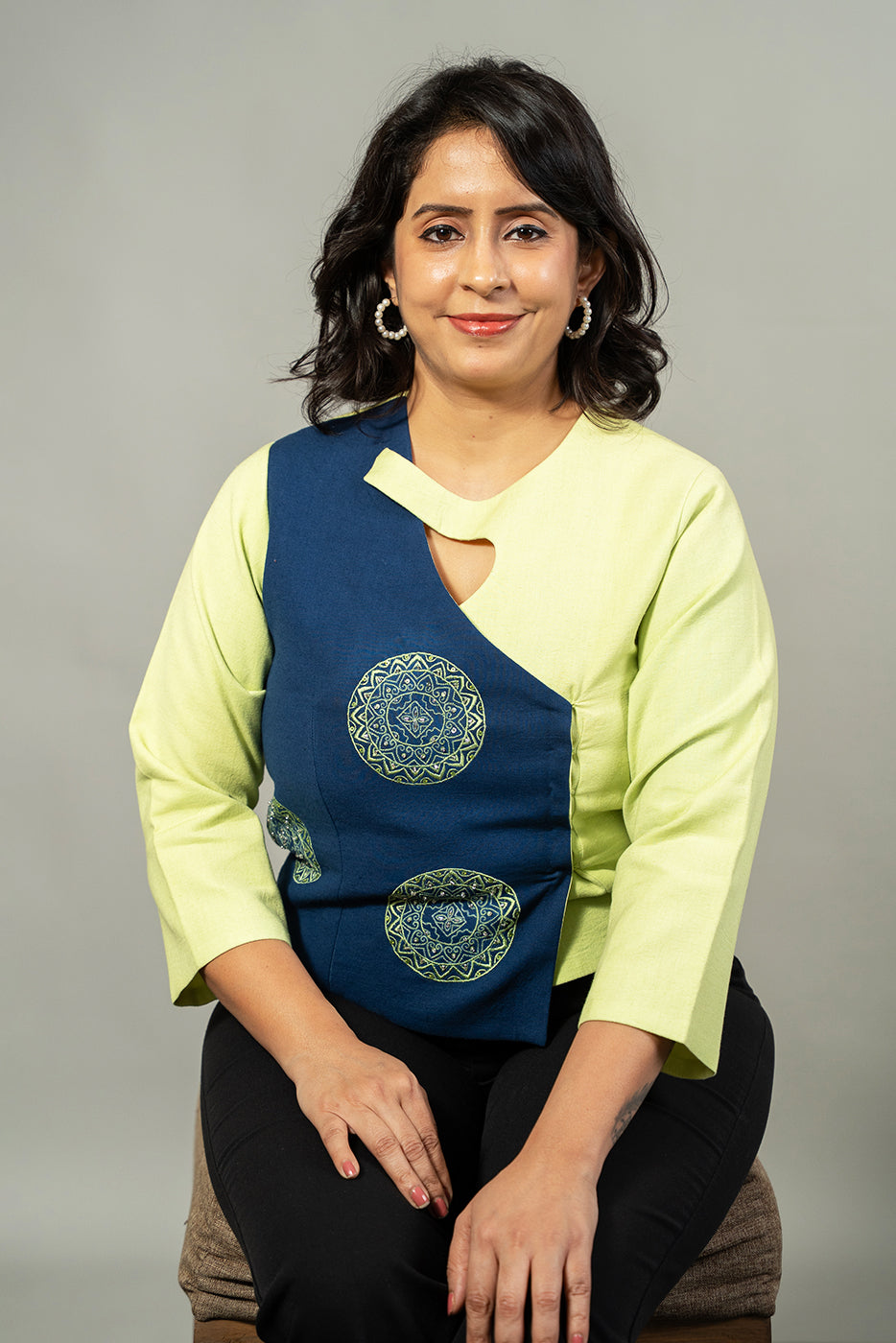 Asymmetric colour blocking top