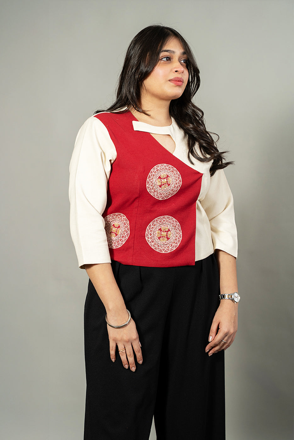 Asymmetric colour blocking top