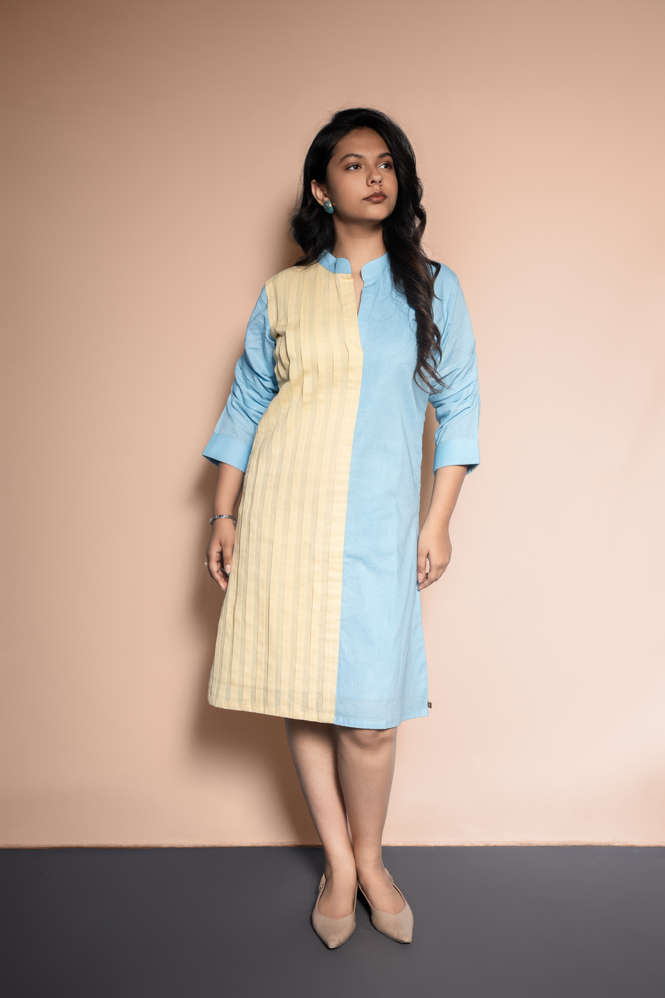 Pleated Mandarin Collar Dress