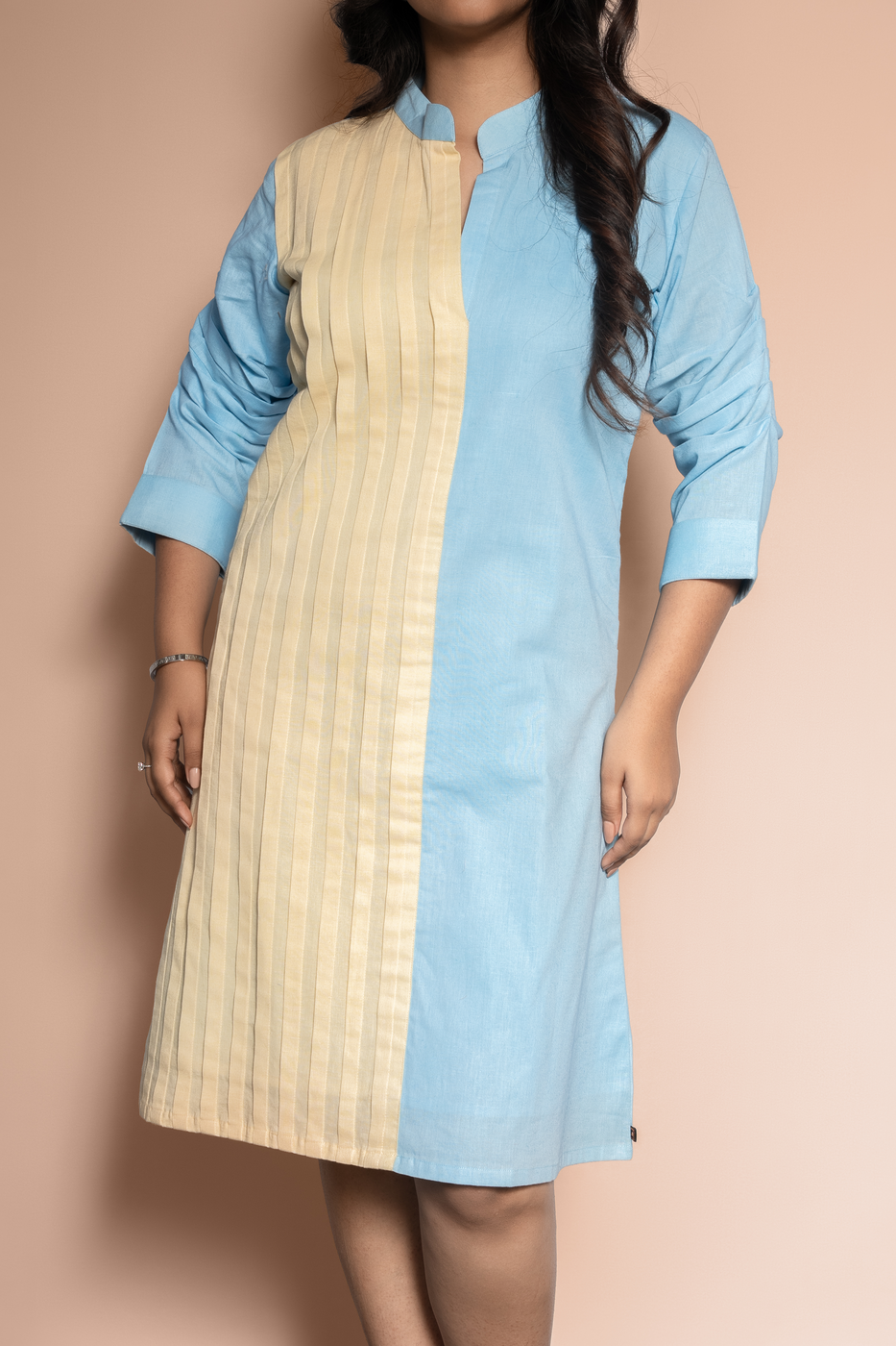 Pleated Mandarin Collar Dress