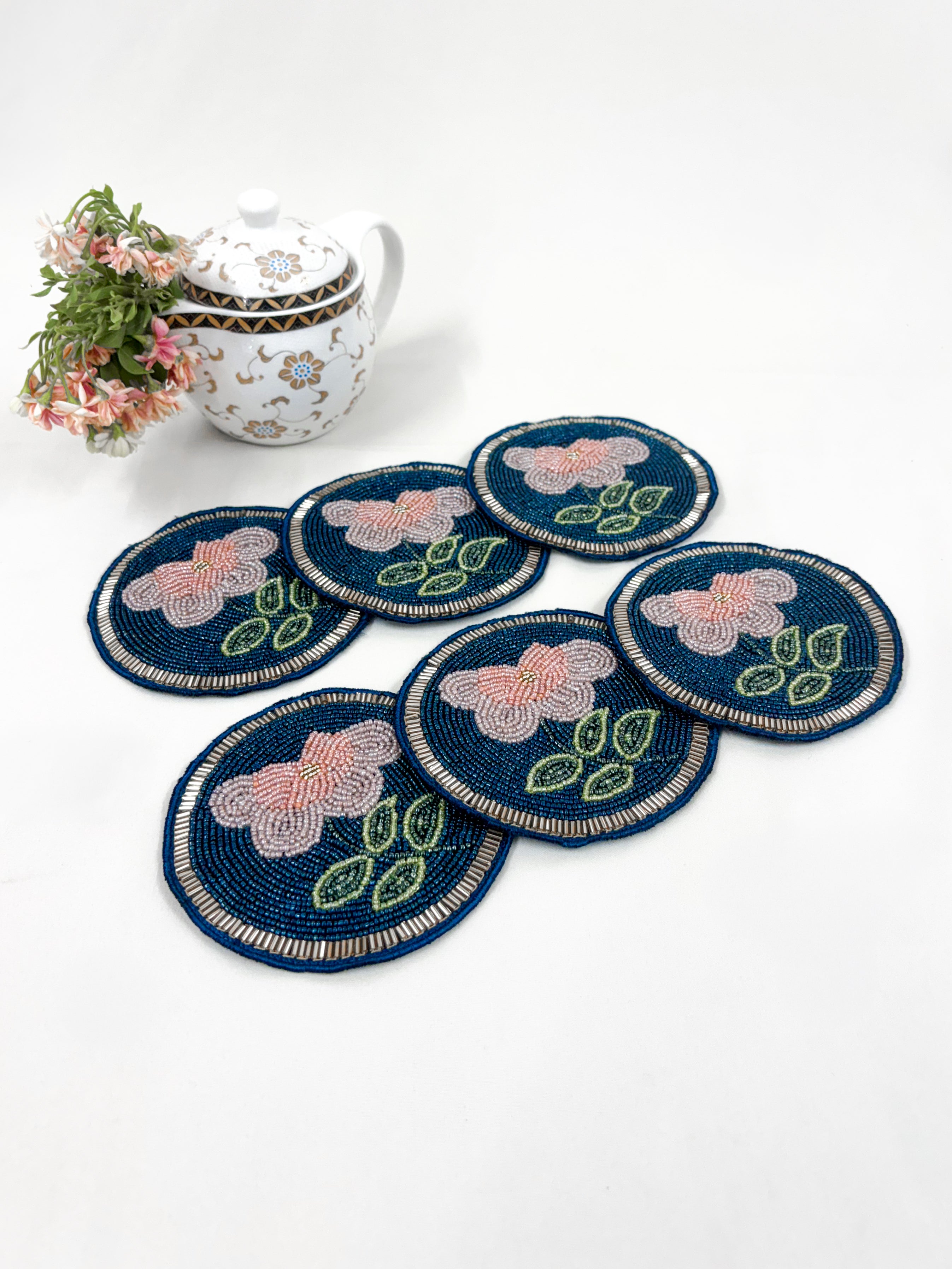 Embedded Floral Motif Blue Tablemat And Coaster