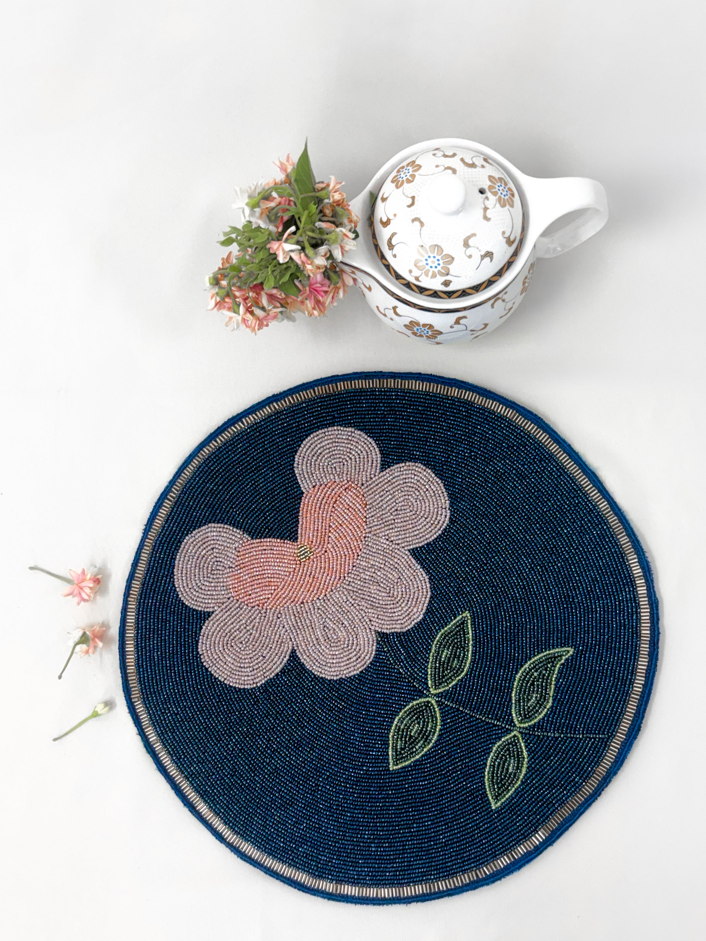 Embedded Floral Motif Blue Tablemat
