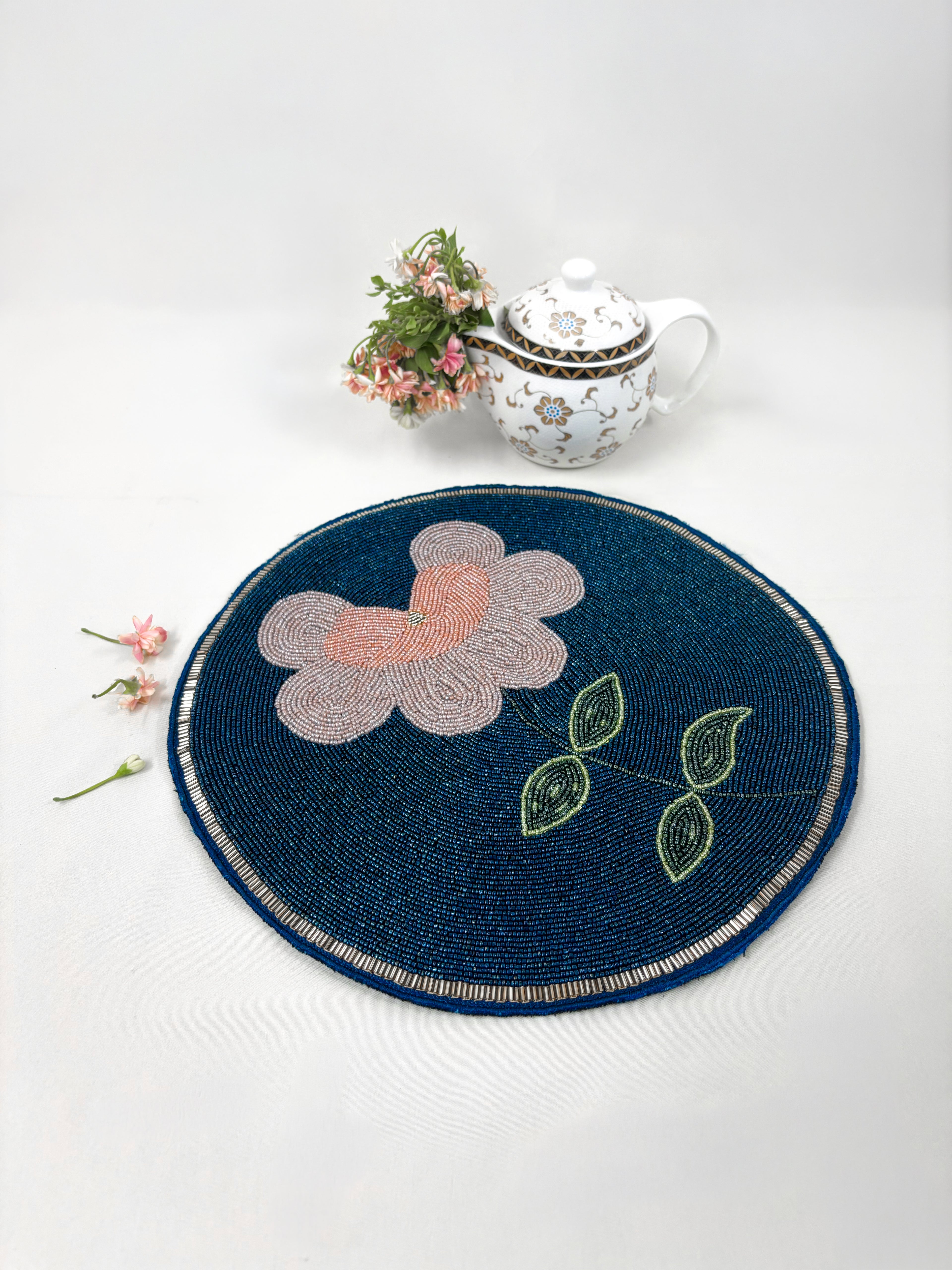 Embedded Floral Motif Blue Tablemat