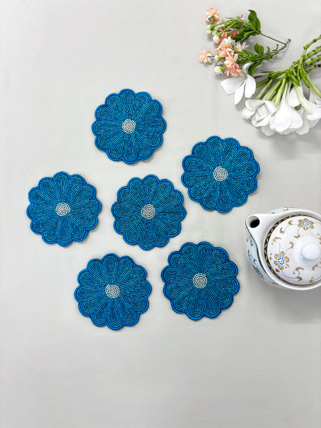 Floral Beaded Blue Tablemat & Six Coasters