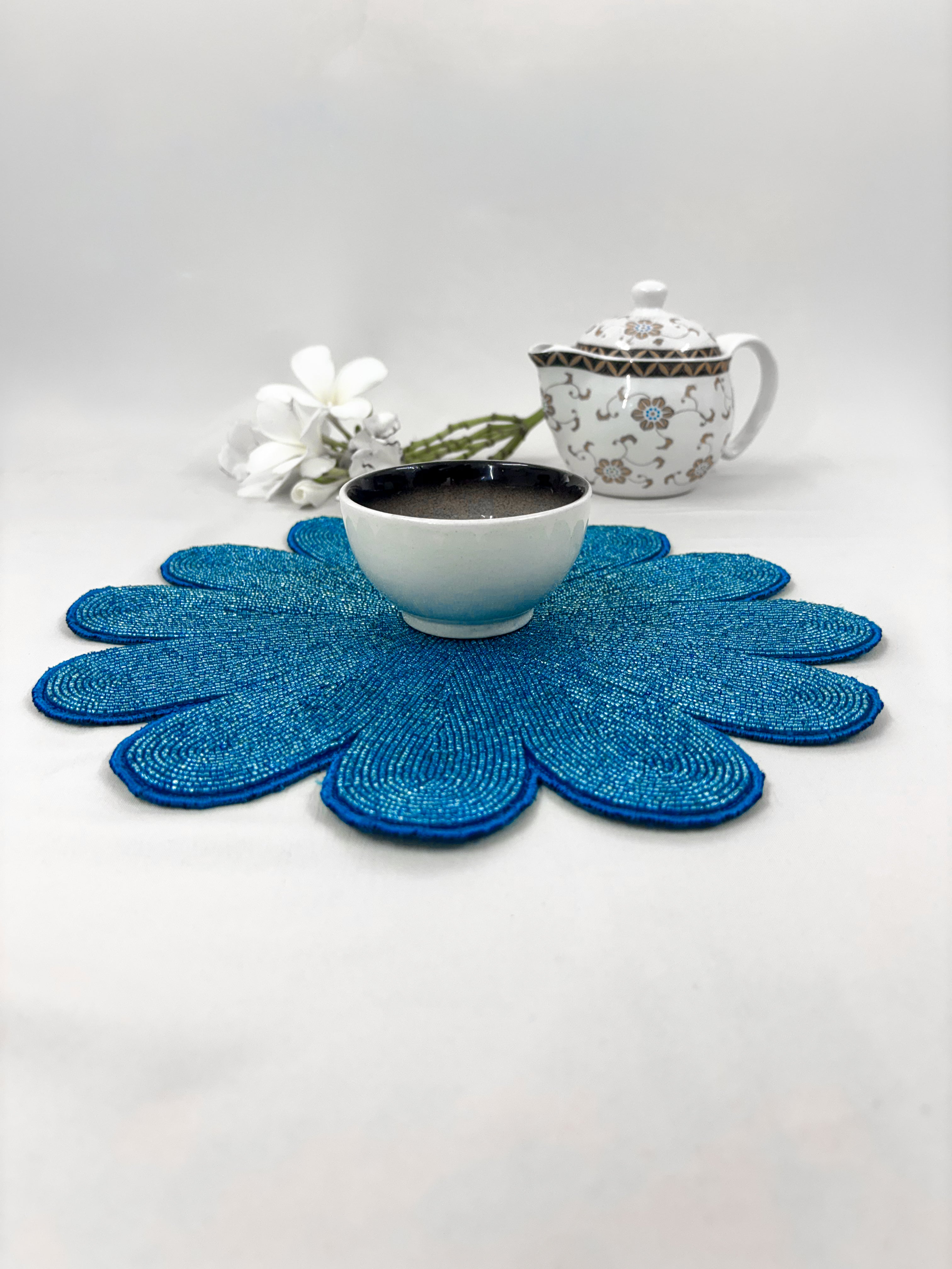 Floral Beaded Blue Tablemat & Six Coasters