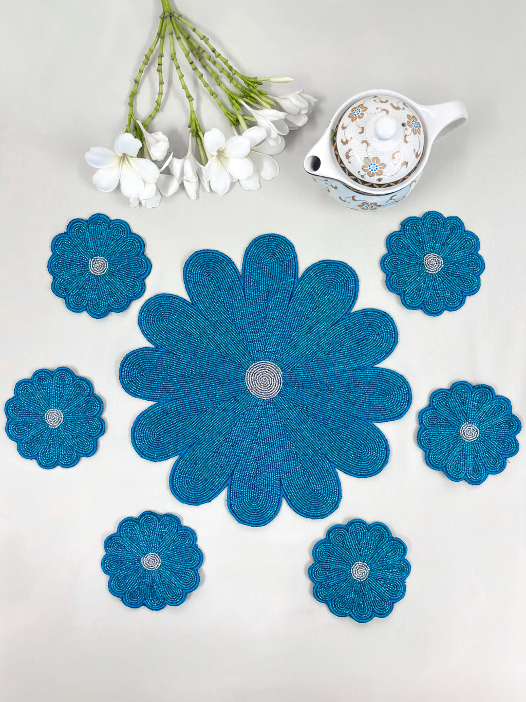 Floral Beaded Blue Tablemat & Six Coasters